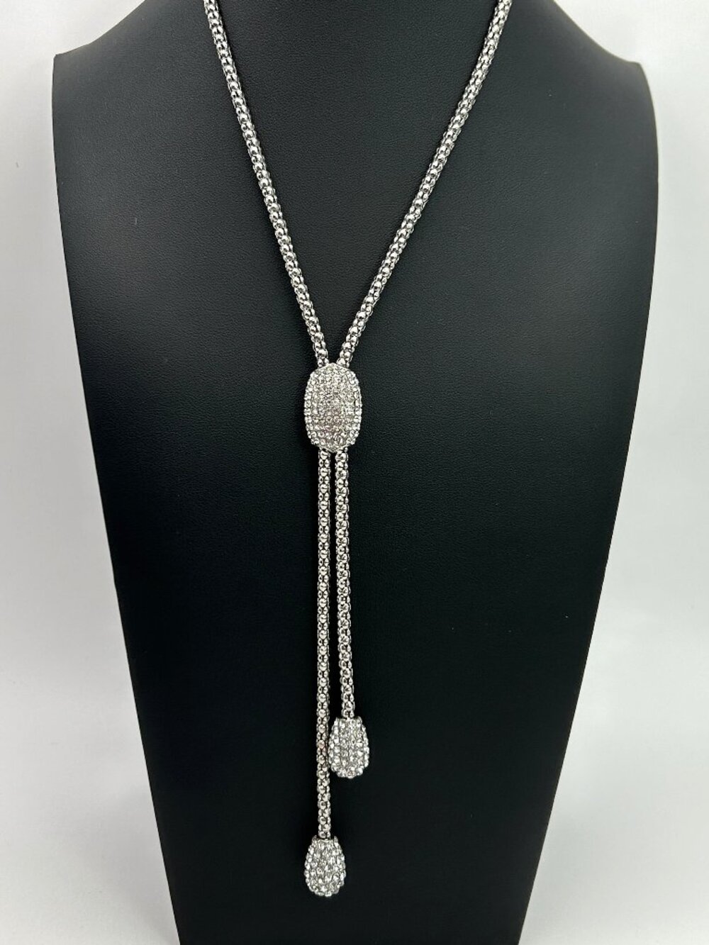 Chico’s Pave Crystal Long Lariat Necklace Silver Tone Adjustable Glam Y Drop